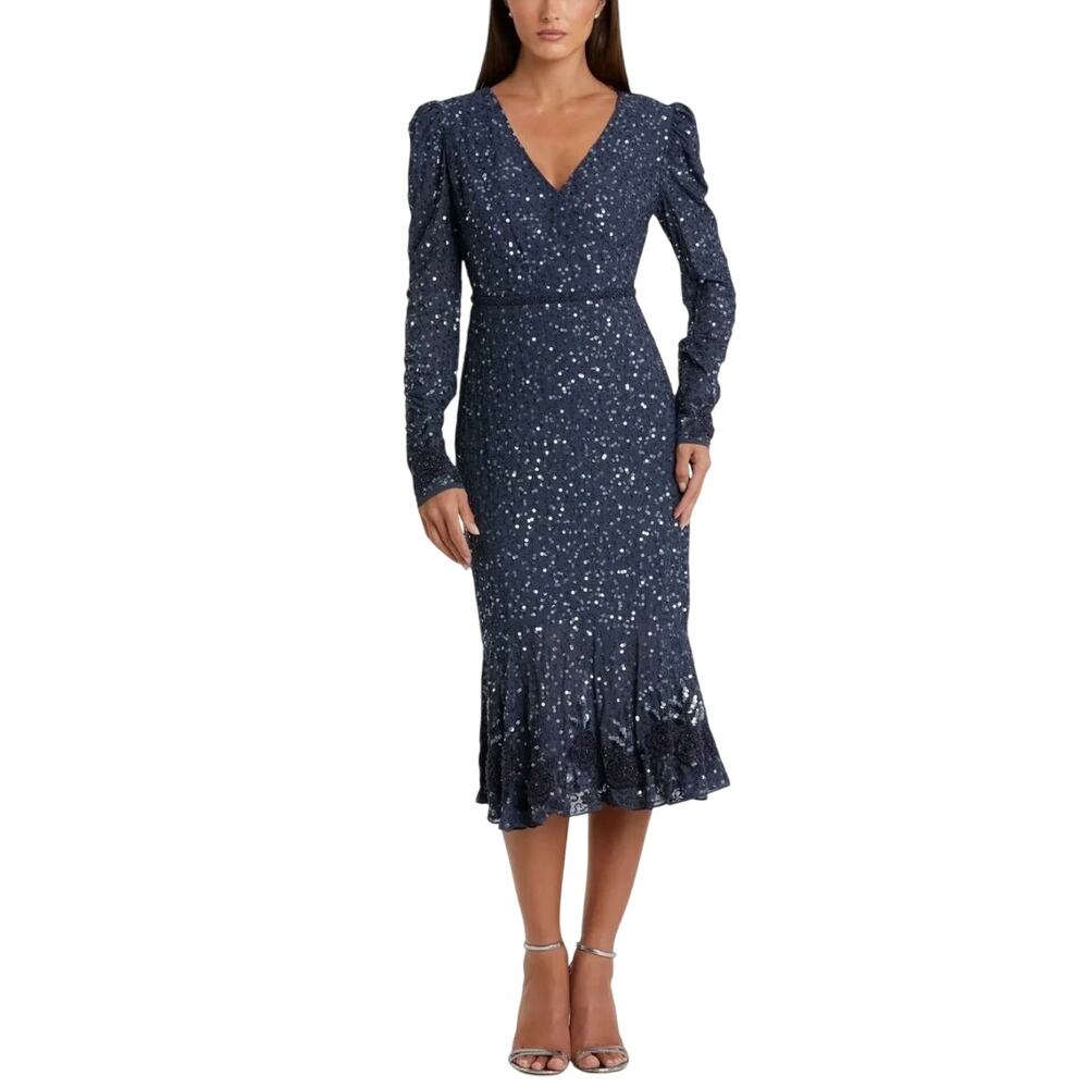 Mac Duggal 10740 Blue Cocktail Dress Sequined Long Sleeve Midi Sheath Size 16